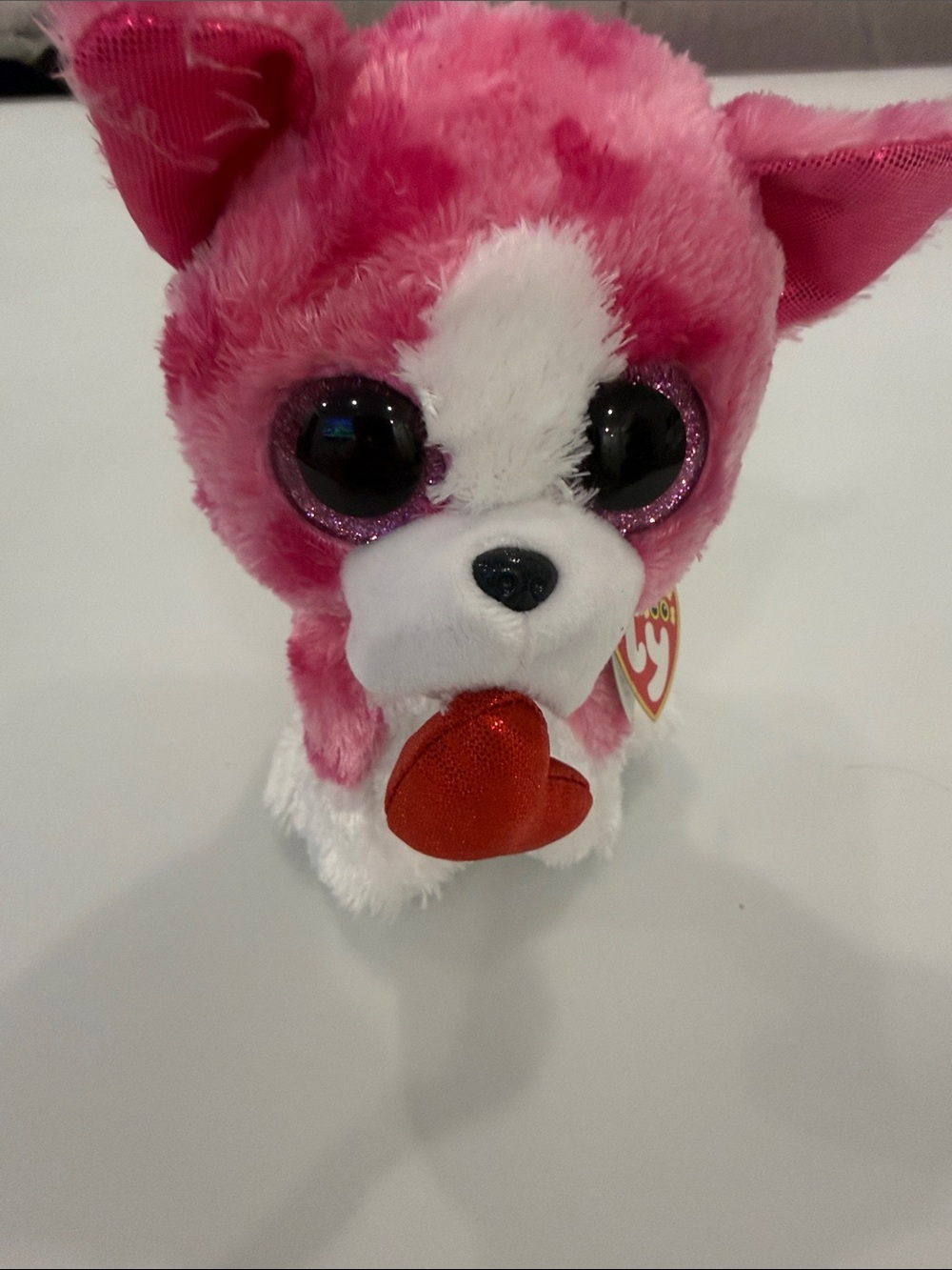Ty Pink and White Plush Puppy with Red Heart